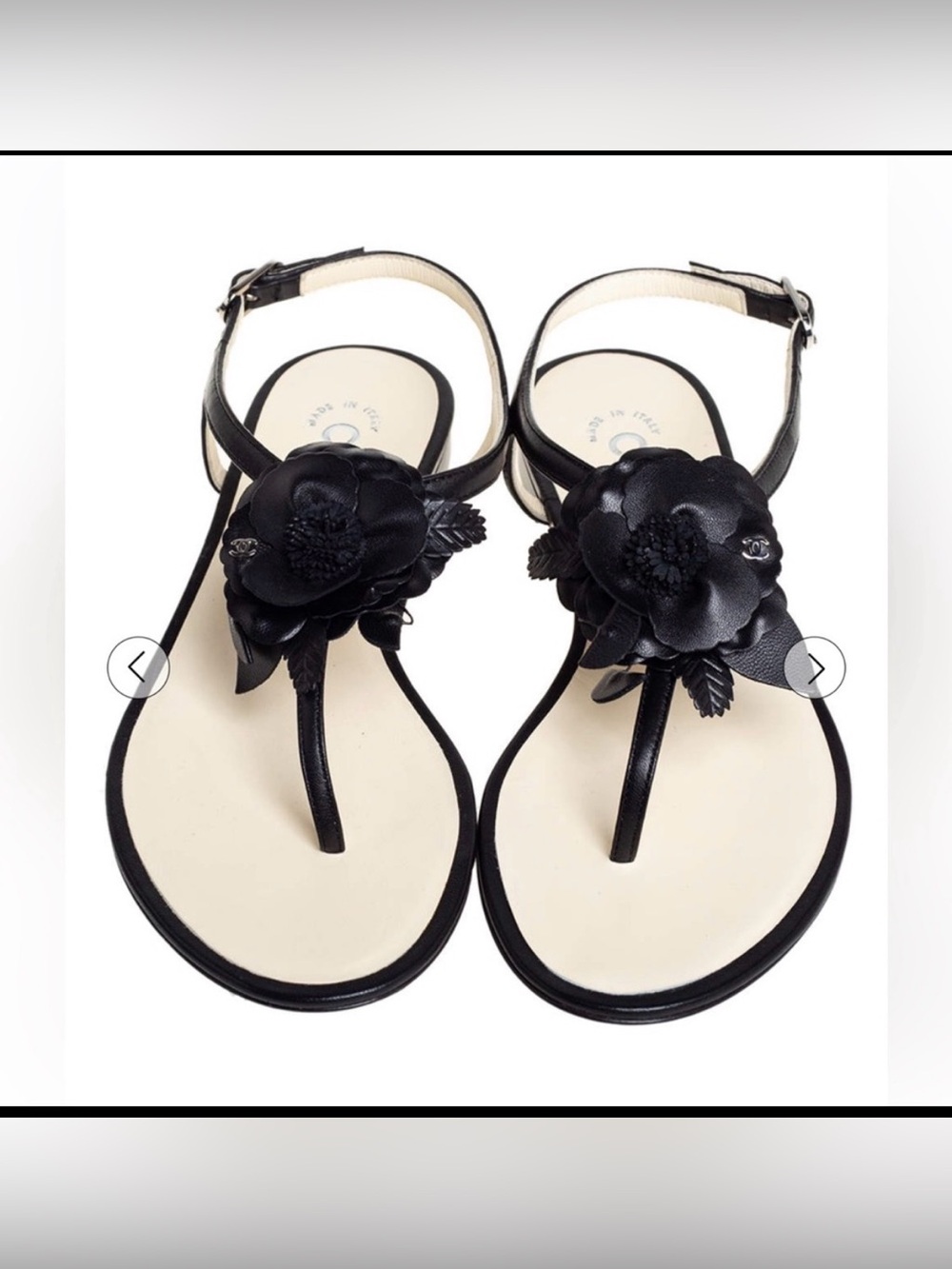 CHANEL Black Leather Sandals with Camellia
